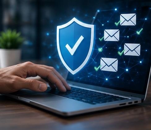Email verification and list cleaning represented by checked emails and a security shield