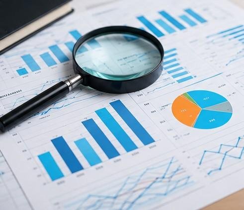 Market research analysis with business charts and a magnifying glass