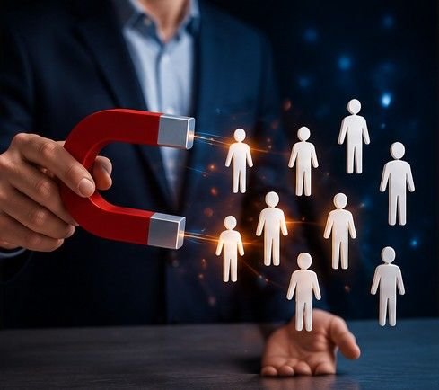 Lead generation concept showing qualified prospects attracted toward a business