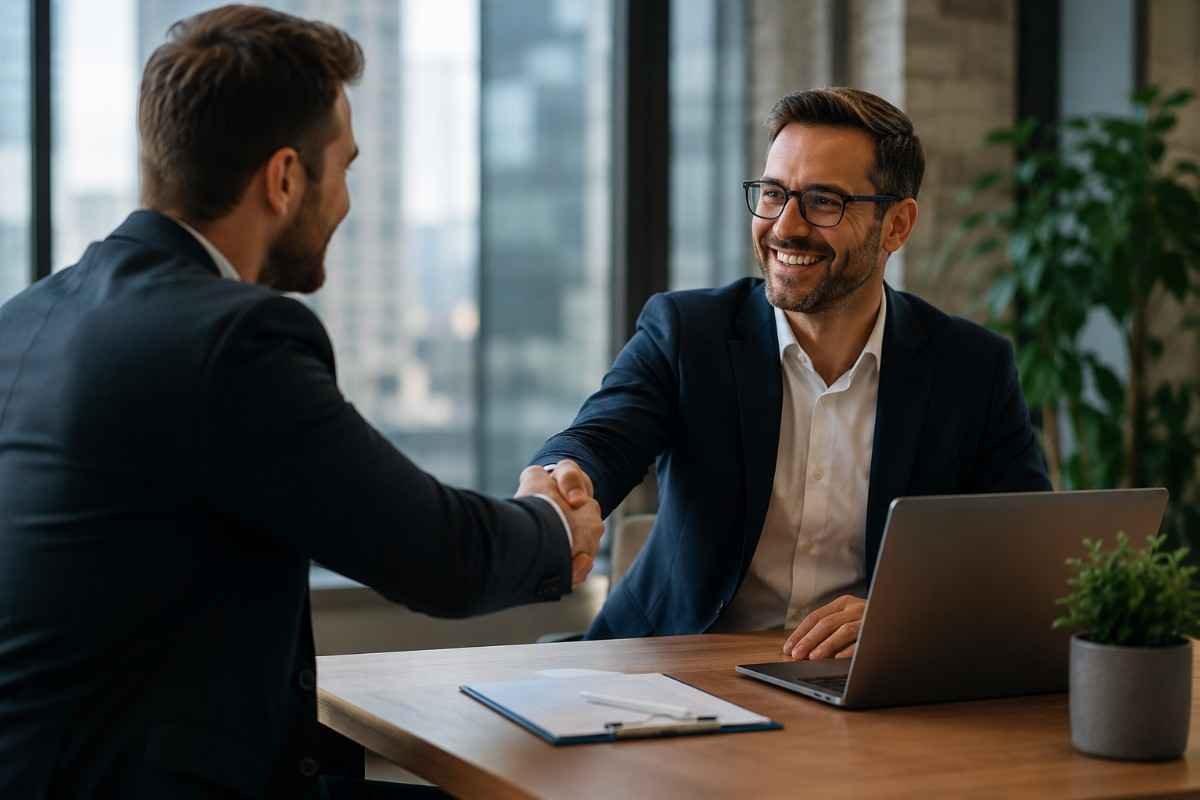 Business professionals forming a partnership after discussing marketing solutions