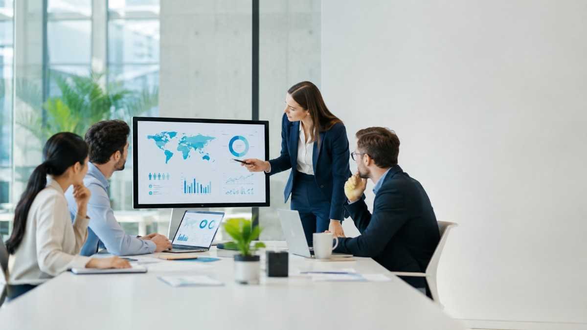 Business team analyzing B2B target audiences, geographic markets and customer data