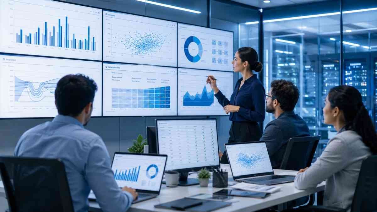 Business professionals reviewing data quality, verification and analytics