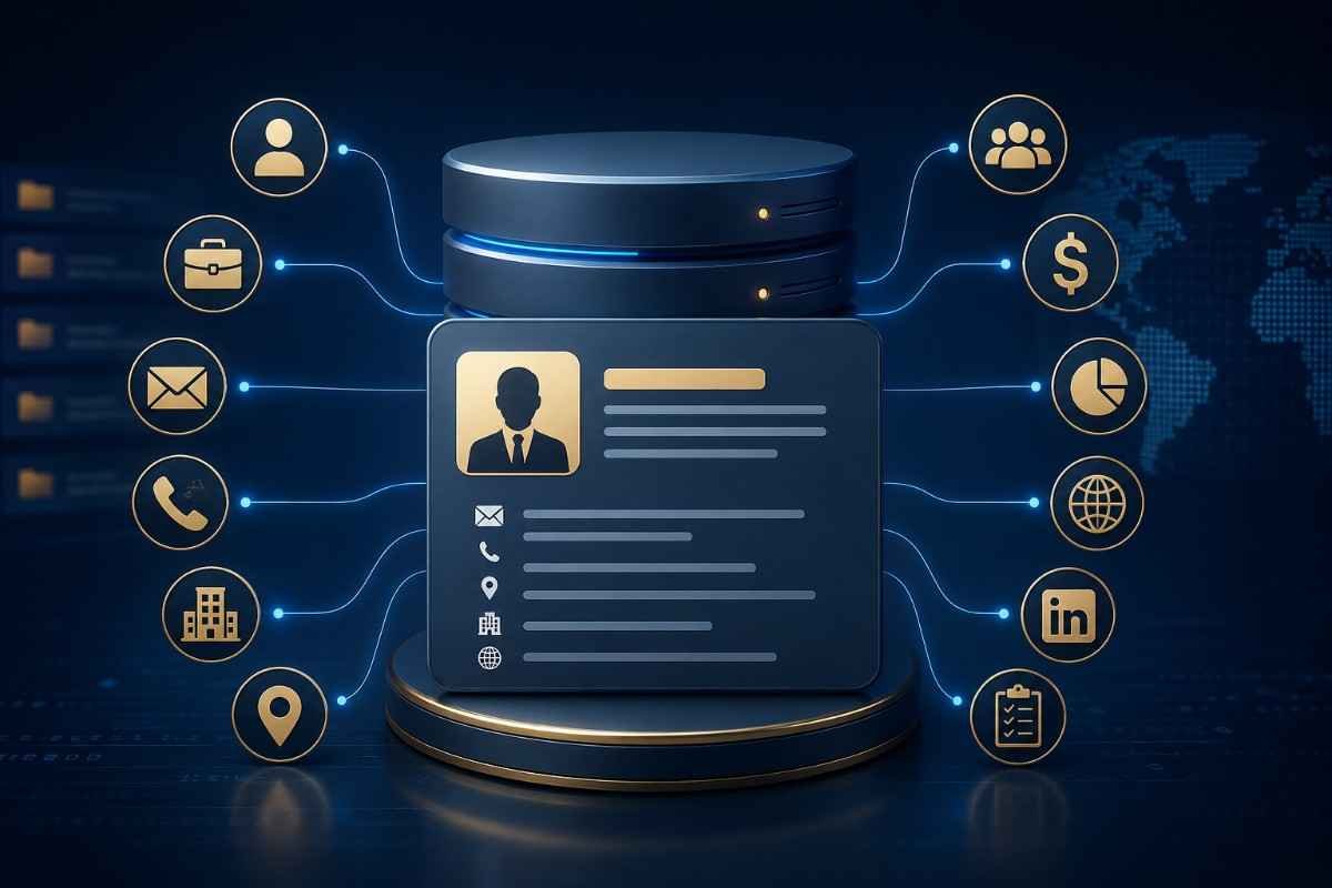 Family office contact database showing professional business and audience data fields