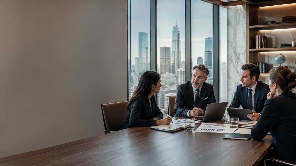 Family office executives discussing investment strategy in a private boardroom