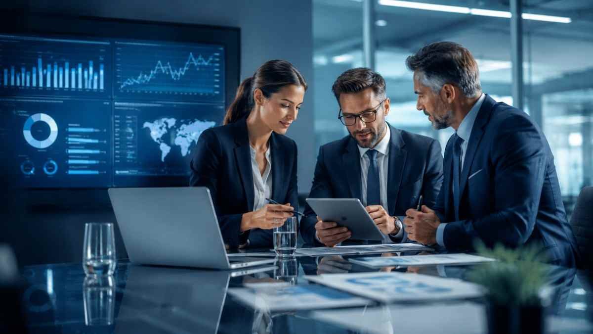 Professionals reviewing RIA audience data and outreach planning in a modern office