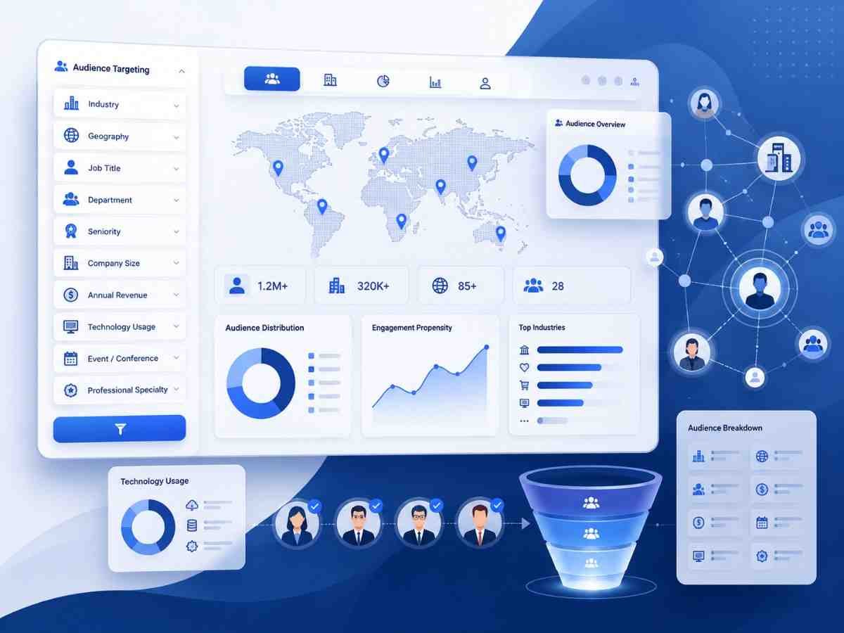Business audience targeting by industry, geography, job title, company size and professional criteria