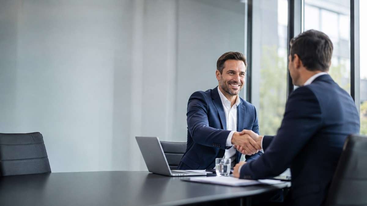 Business professionals discussing a B2B data and marketing partnership