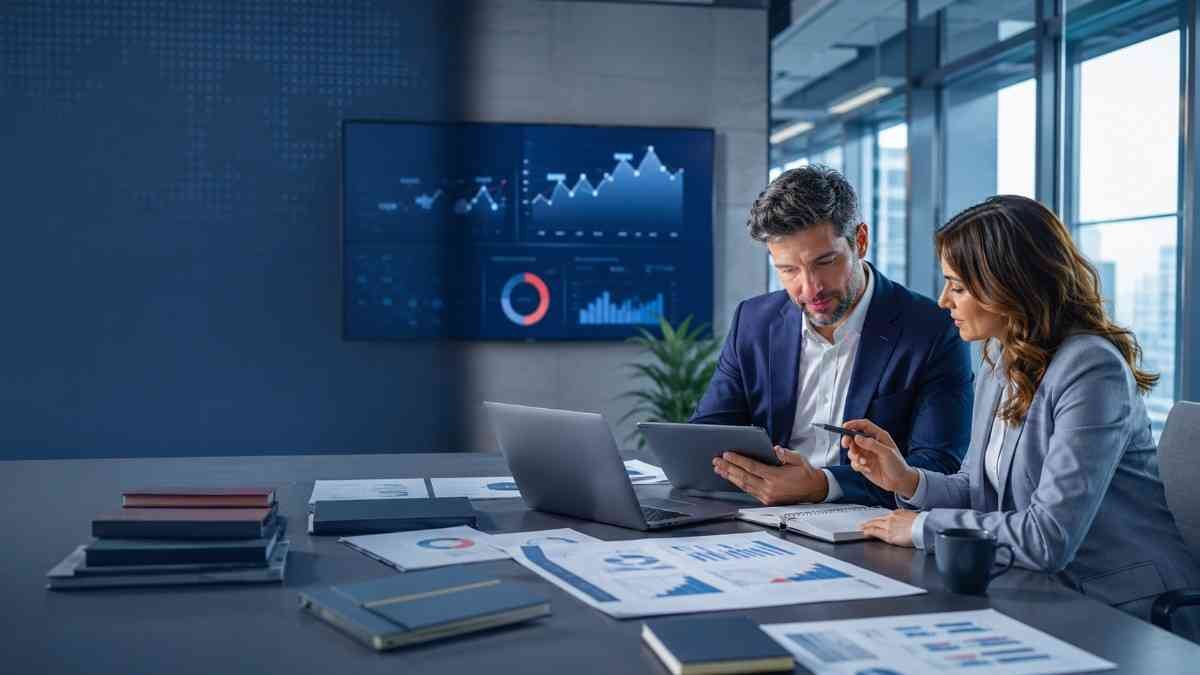 Business professionals reviewing B2B guides, data insights and marketing resources
