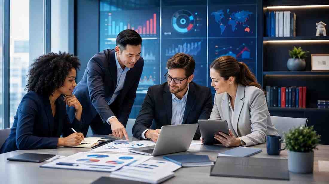 Business professionals reviewing B2B data, lead generation and marketing resources