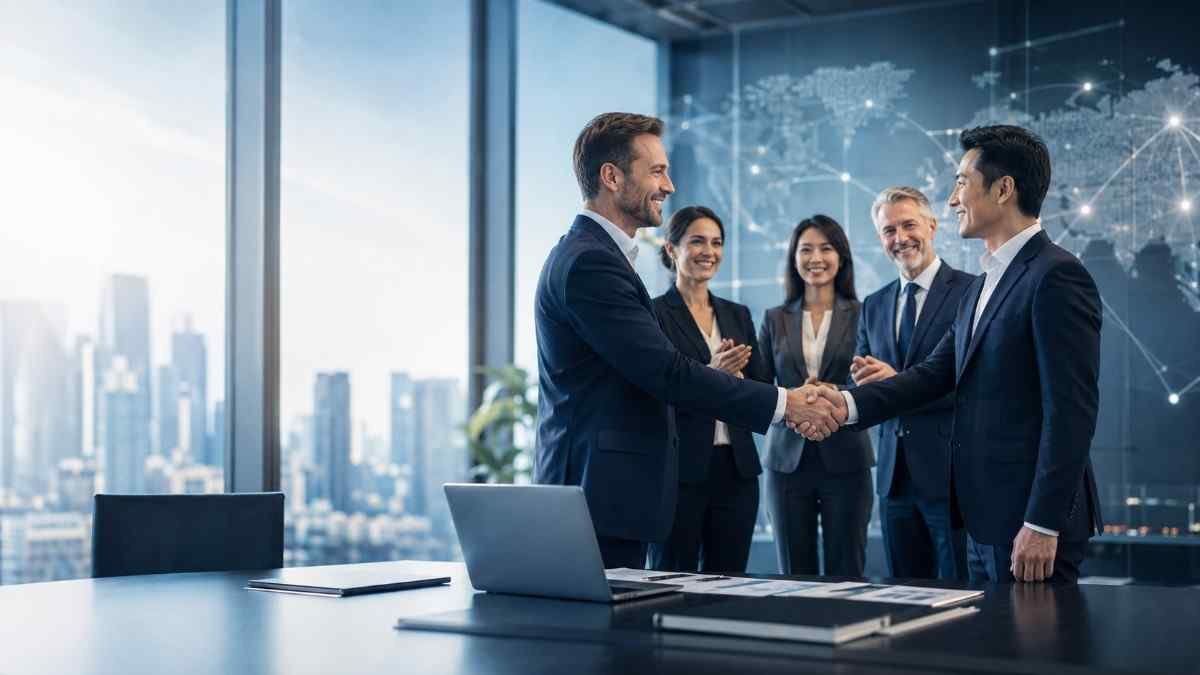Business professionals forming a partnership for industry-specific B2B data and marketing solutions