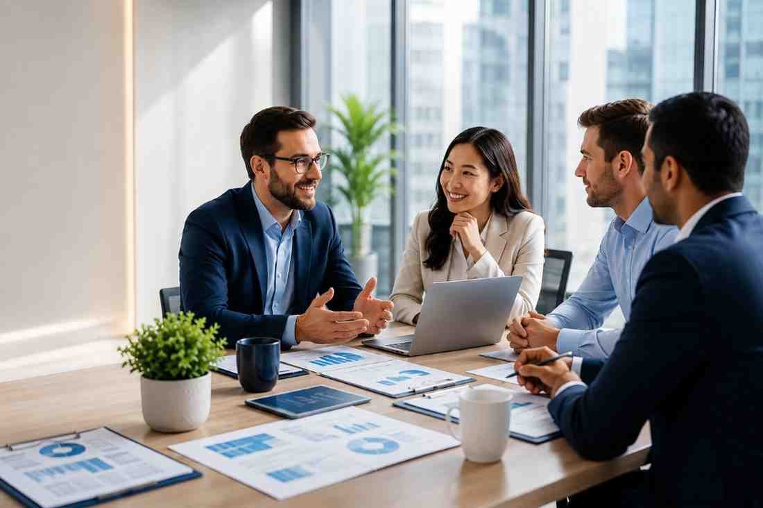 Business professionals discussing a project with the Valor Marketing team