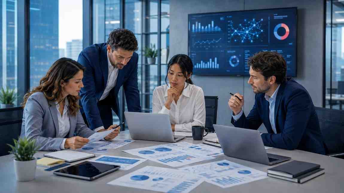 Business team reviewing B2B data quality, verification and database analysis