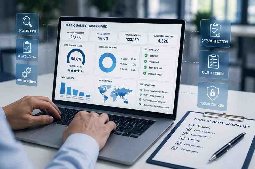 Healthcare business contact data quality review and email verification process
