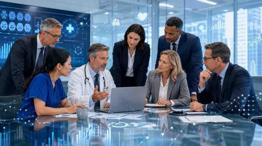 Healthcare executives clinicians technology leaders and hospital decision-makers collaborating