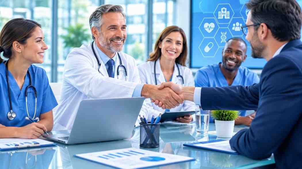 Healthcare professionals and business leaders discussing a healthcare marketing and audience project