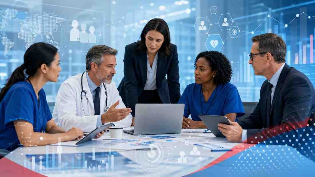 Healthcare professionals and business decision-makers discussing healthcare audience data and marketing strategy
