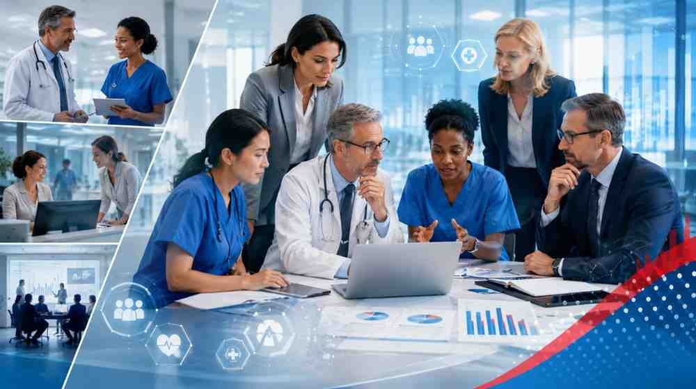 Healthcare professionals including physicians nurses administrators and healthcare business leaders