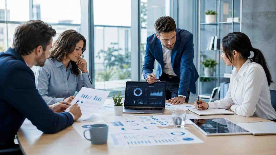 Business professionals reviewing lead generation strategy and prospect research resources