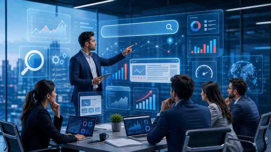 SEO and search visibility strategy team reviewing search performance and website optimization