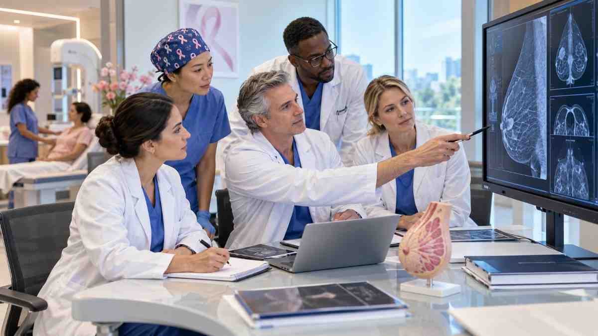 Breast surgeons and breast surgical oncology professionals reviewing breast imaging in a clinical setting