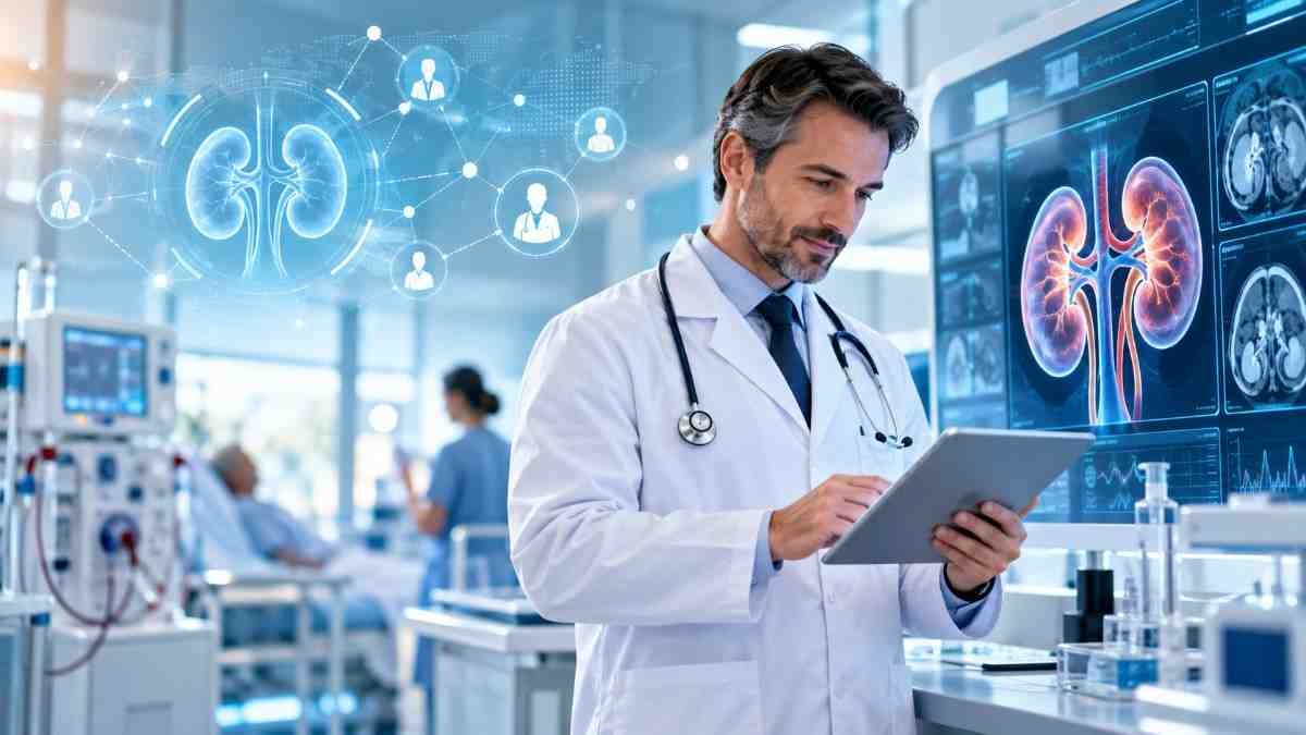 Nephrologist reviewing kidney imaging and digital healthcare data in a modern nephrology clinic