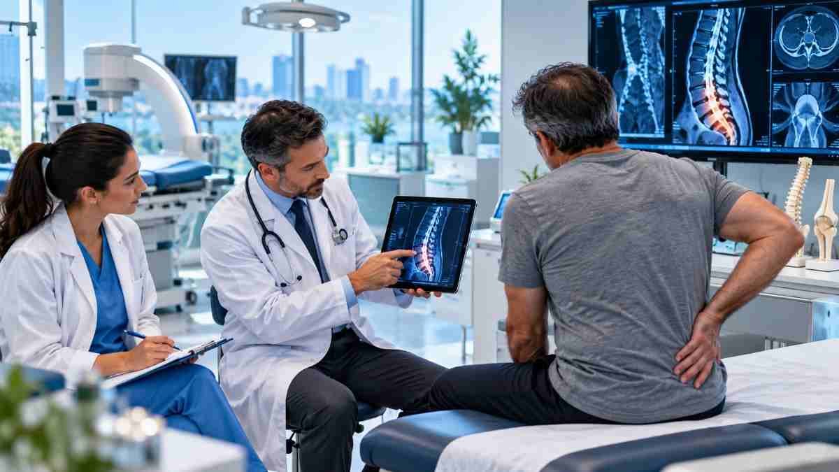 Pain management physician reviewing spine MRI with a patient in a modern pain medicine clinic