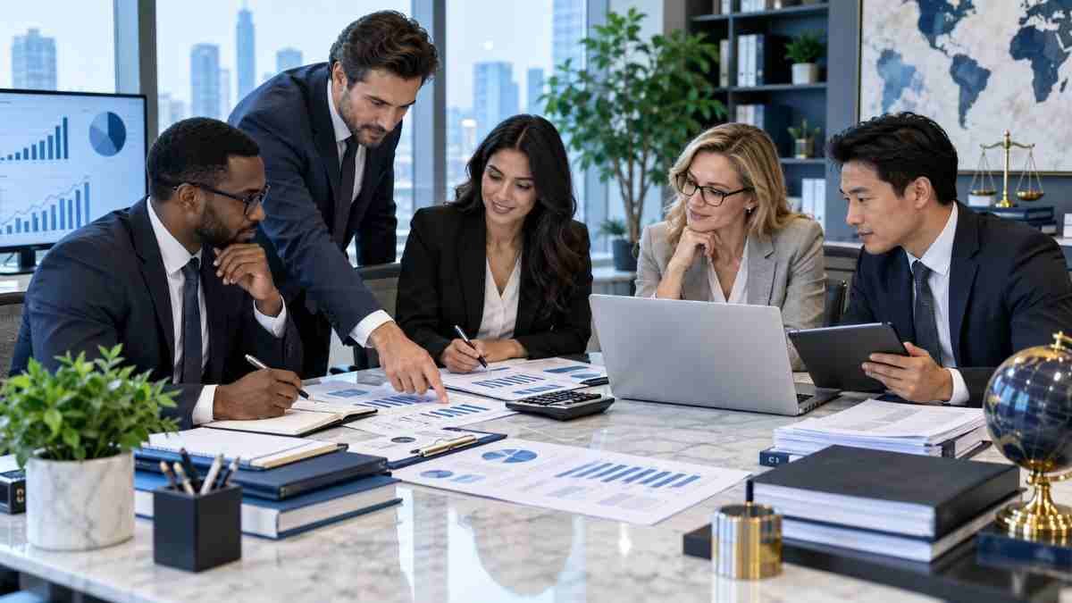 Tax professionals, CPAs, tax consultants and financial specialists reviewing business and tax data