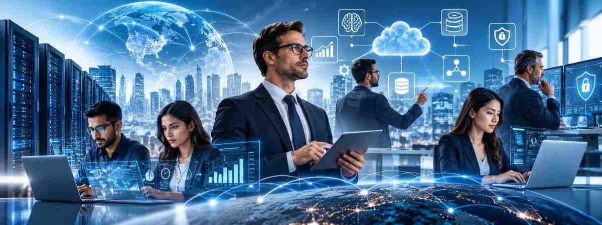 Technology professionals working with cloud computing, cybersecurity, AI, software, data and IT systems in a modern business environment